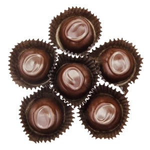 Top down view of six dark chocolate cherry cordials OU-Dairy