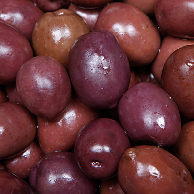 Close up of maroon colored Greek olives