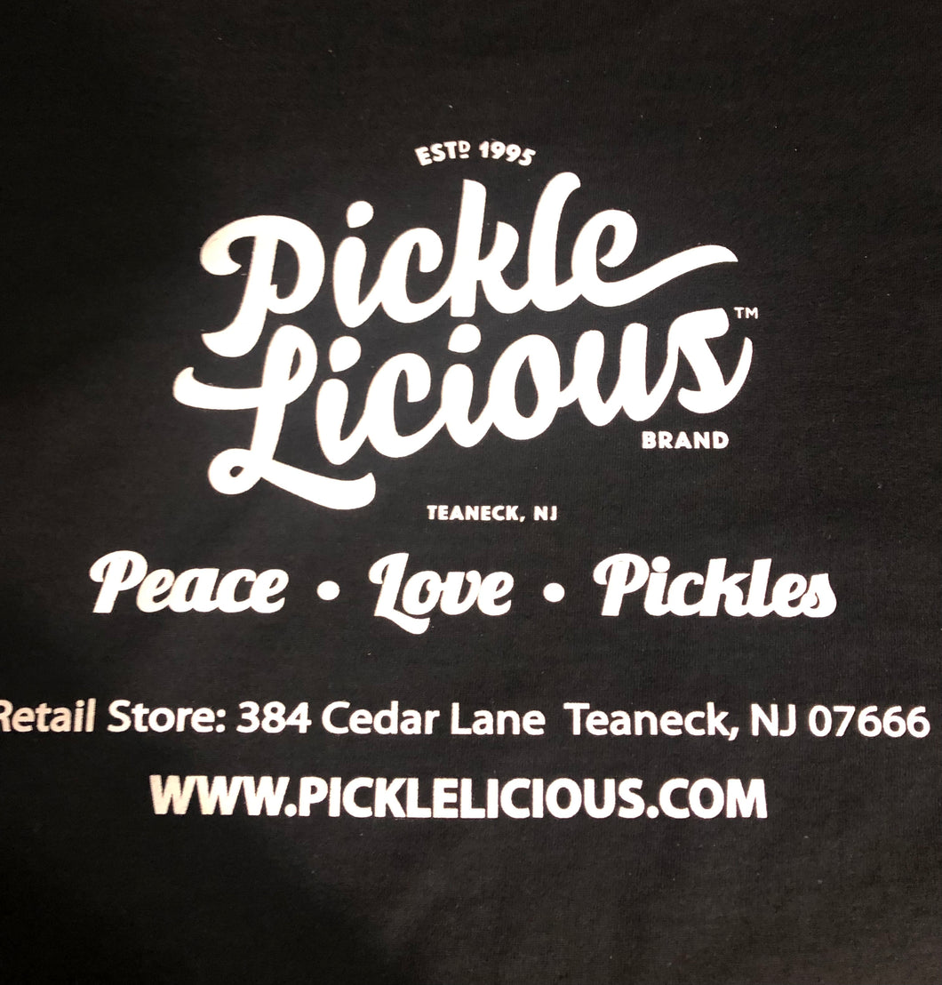 White Pickle Licious logo design on a black T shirt