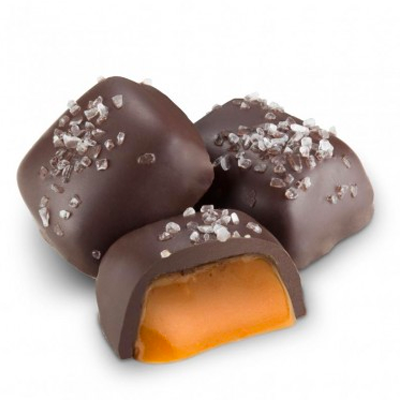 Three pieces of dark chocolate covered caramel with sea salt OU-Dairy