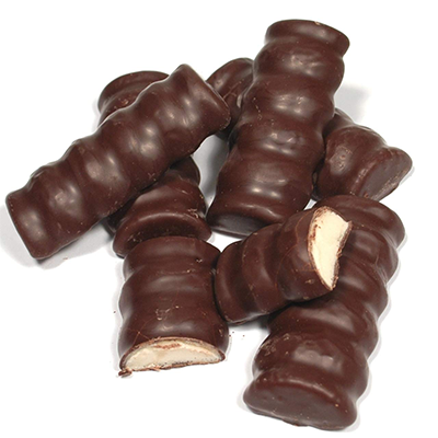 Pile of dark chocolate covered vanilla marshmallow twists OU-Dairy